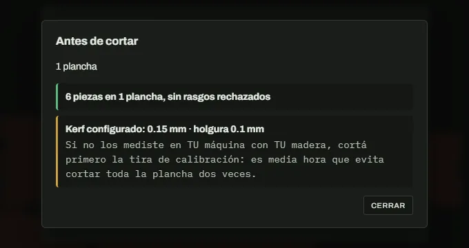 Resumen antes de cortar: piezas por plancha y kerf configurado