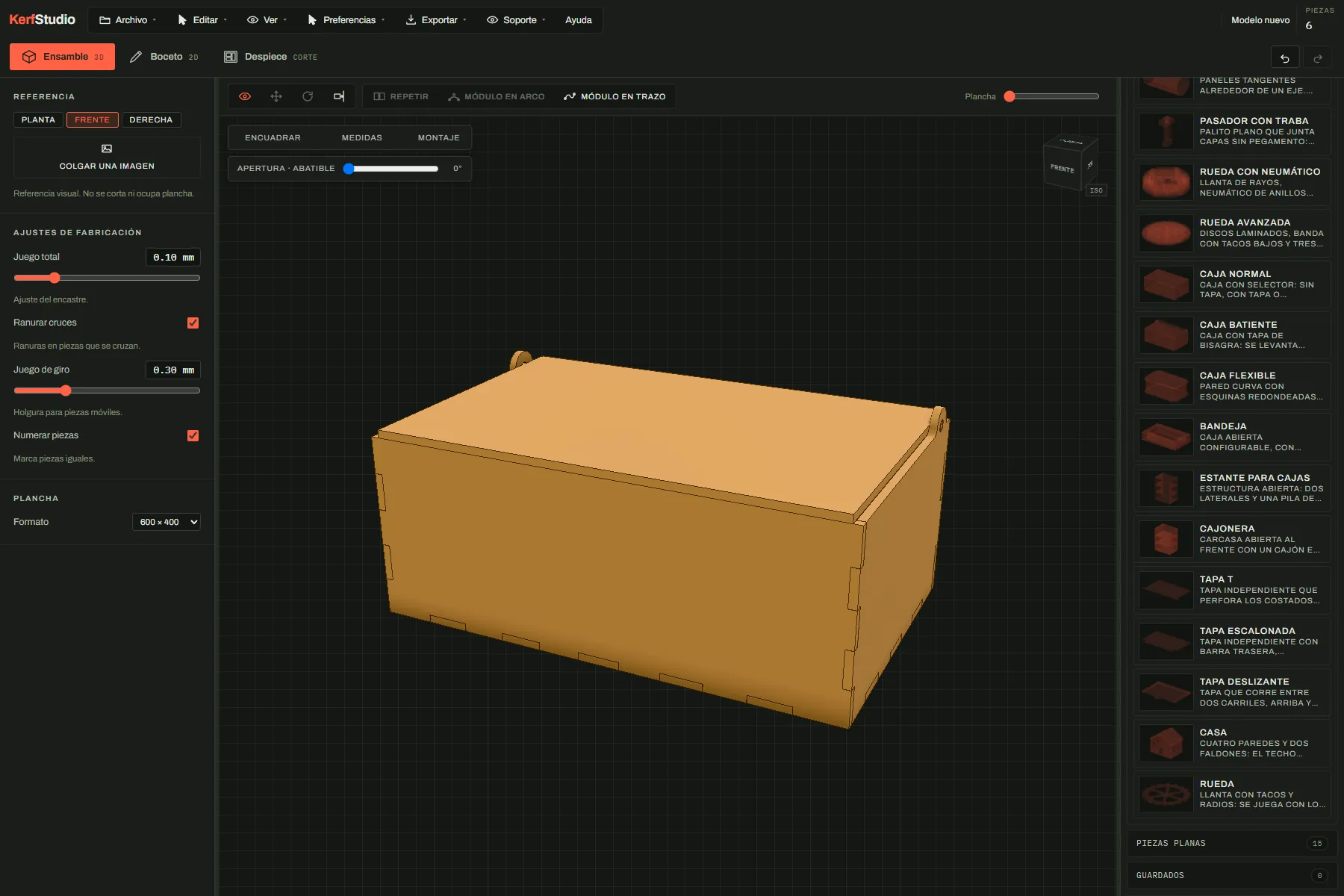 KerfStudio con una caja de tapa batiente en el ensamble 3D